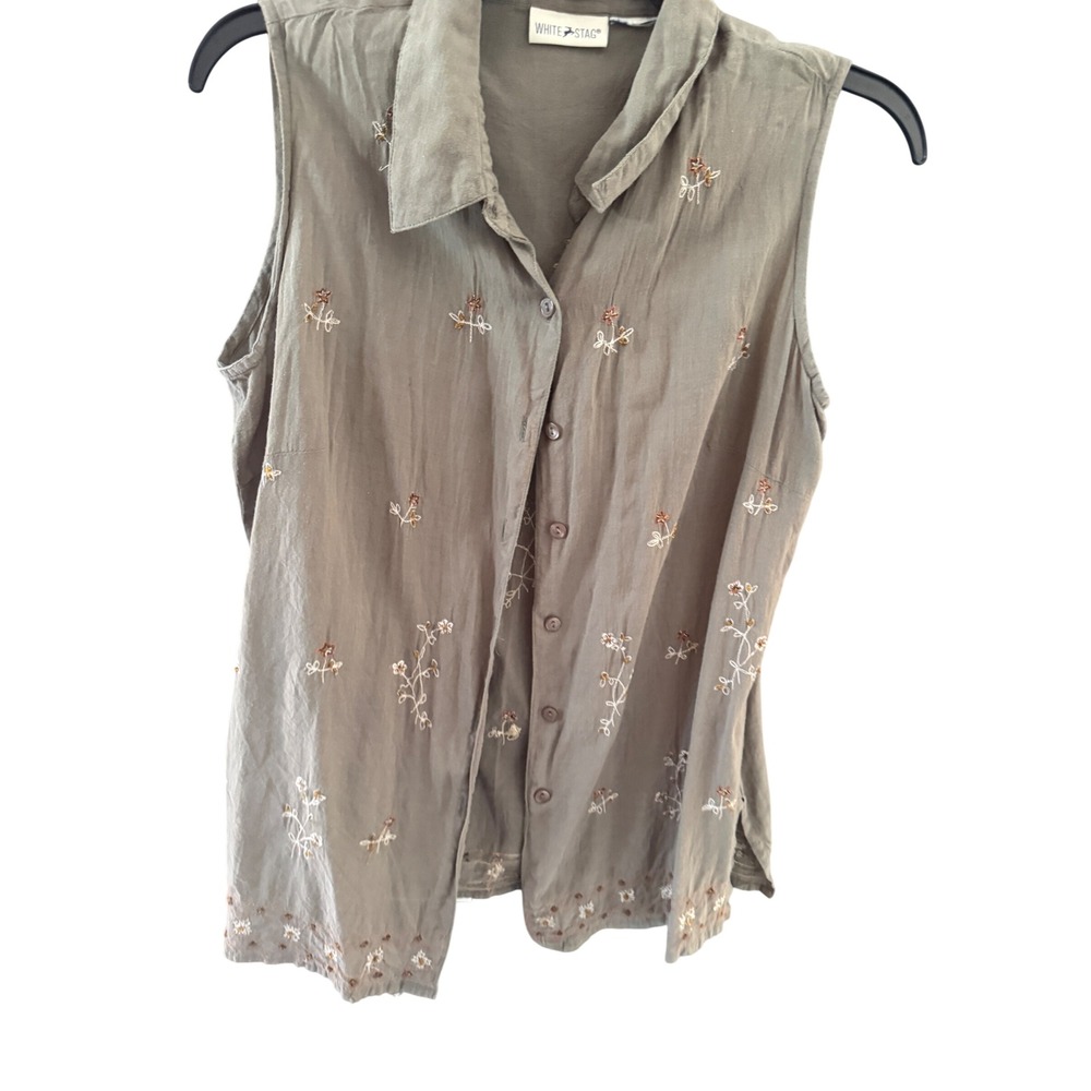 White Stag Vintage Cottage Olive Green‎ Floral Embroidered Sleeveless Button Top